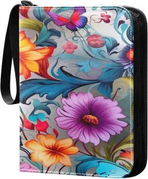 Kigai Trading Card Binder with 50 Sleeves, 400 Pockets PU Zipper Card Collection Binder 4-Pocket Portable Card Folder for Sports Cards, Game Cards (Colorful Floral)