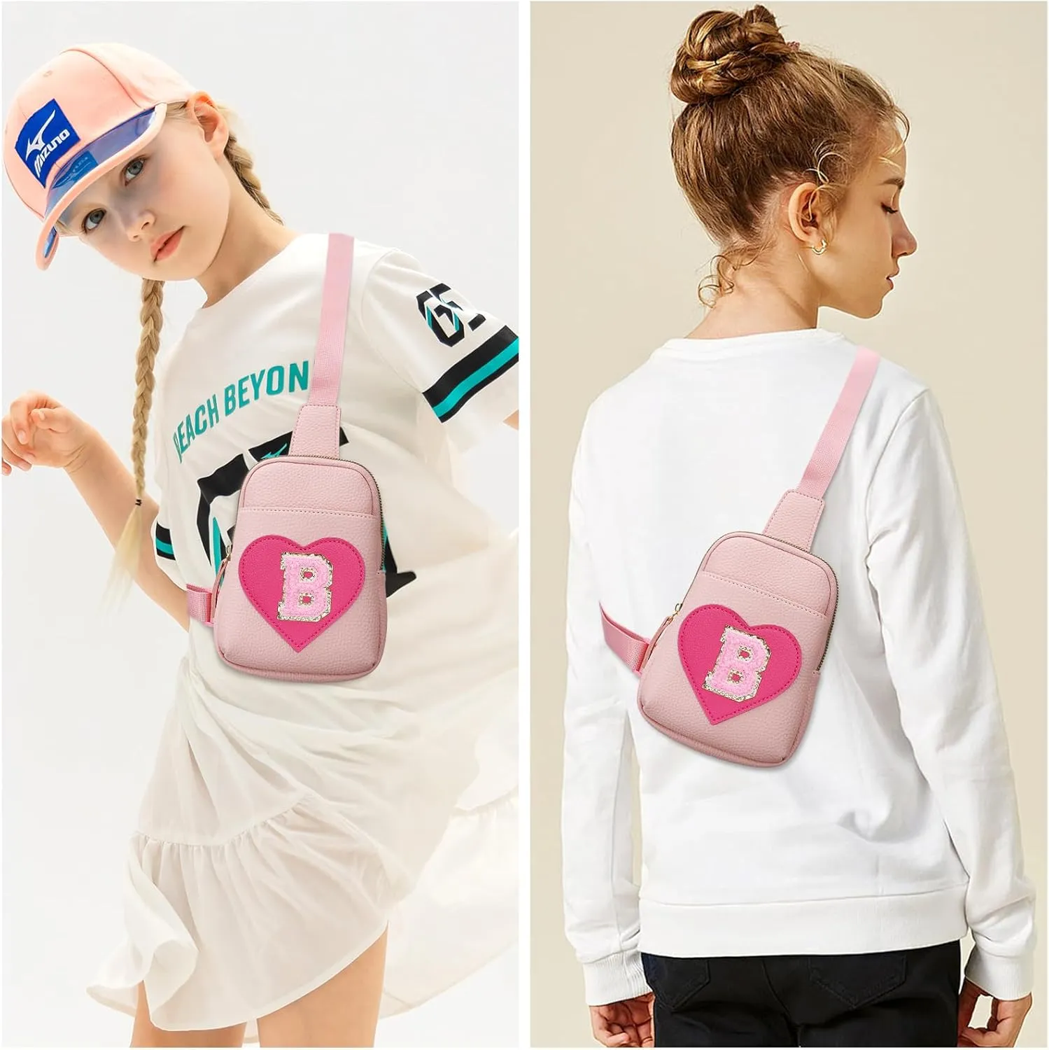 KKXIU Girls Sling Crossbody Bag Heart Initial Chest Bag Pink Mini Fanny Pack Personalized Gift for Kids Children