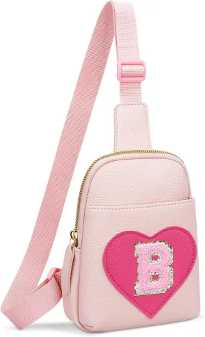 KKXIU Girls Sling Crossbody Bag Heart Initial Chest Bag Pink Mini Fanny Pack Personalized Gift for Kids Children