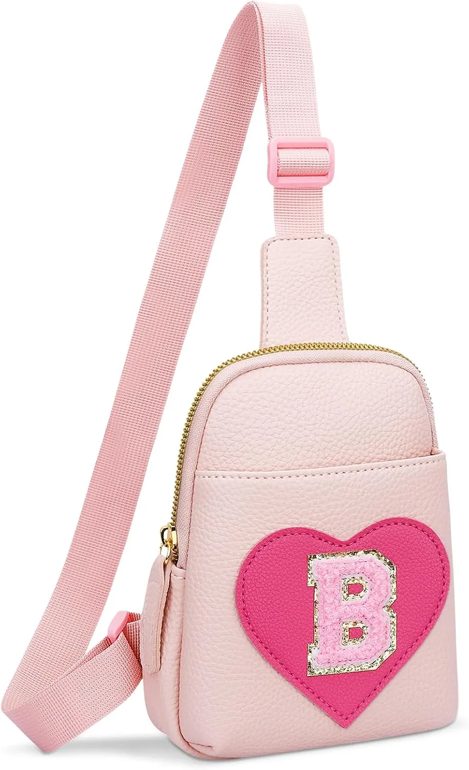 KKXIU Girls Sling Crossbody Bag Heart Initial Chest Bag Pink Mini Fanny Pack Personalized Gift for Kids Children