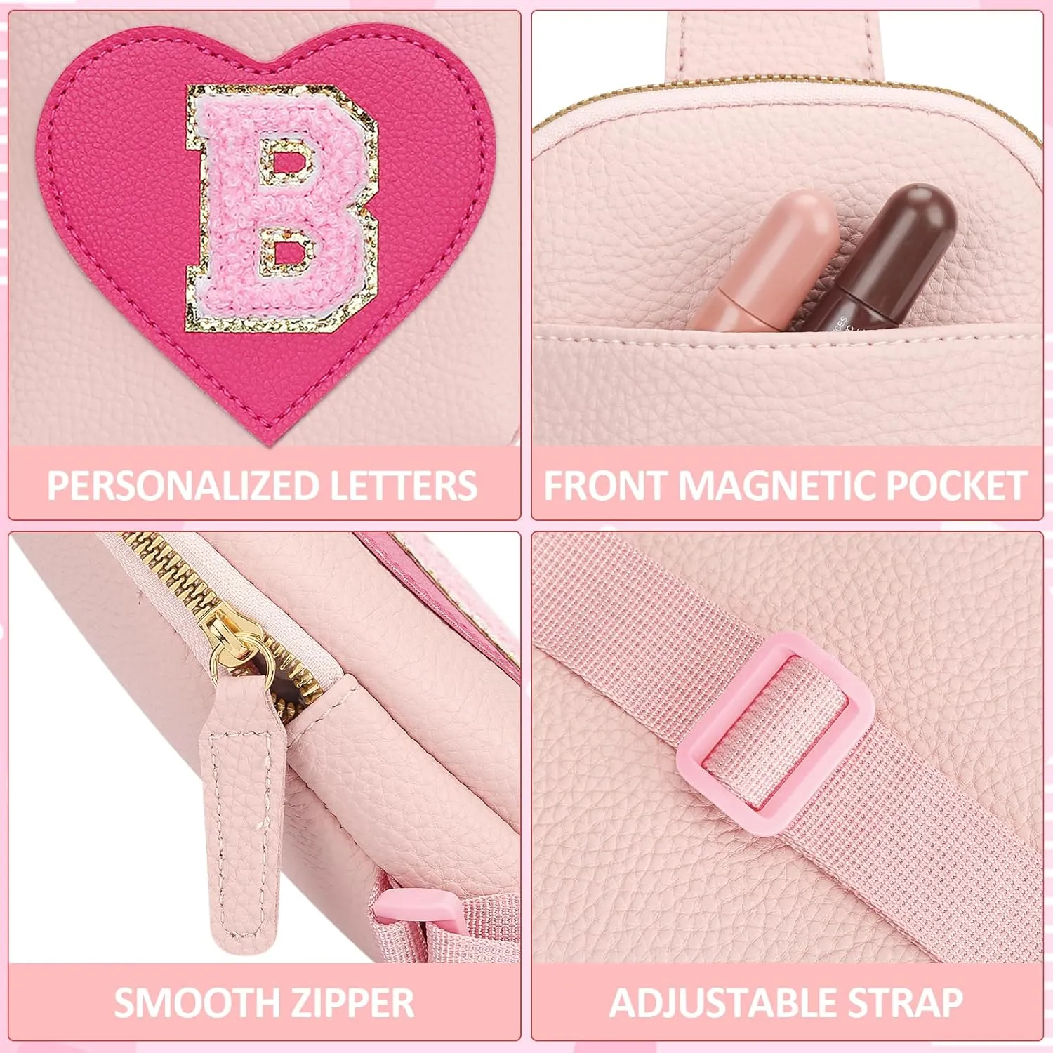 KKXIU Girls Sling Crossbody Bag Heart Initial Chest Bag Pink Mini Fanny Pack Personalized Gift for Kids Children
