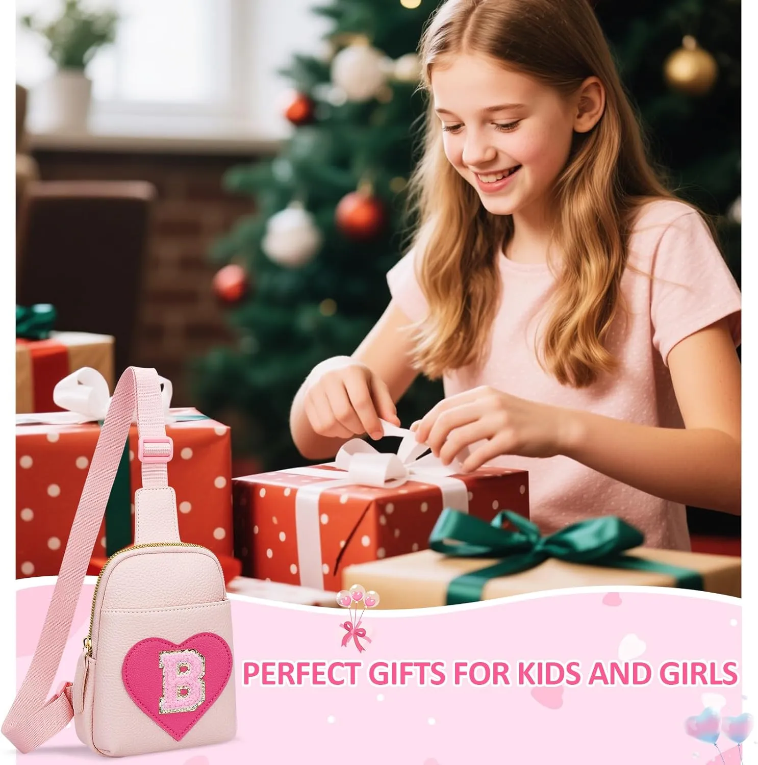 KKXIU Girls Sling Crossbody Bag Heart Initial Chest Bag Pink Mini Fanny Pack Personalized Gift for Kids Children