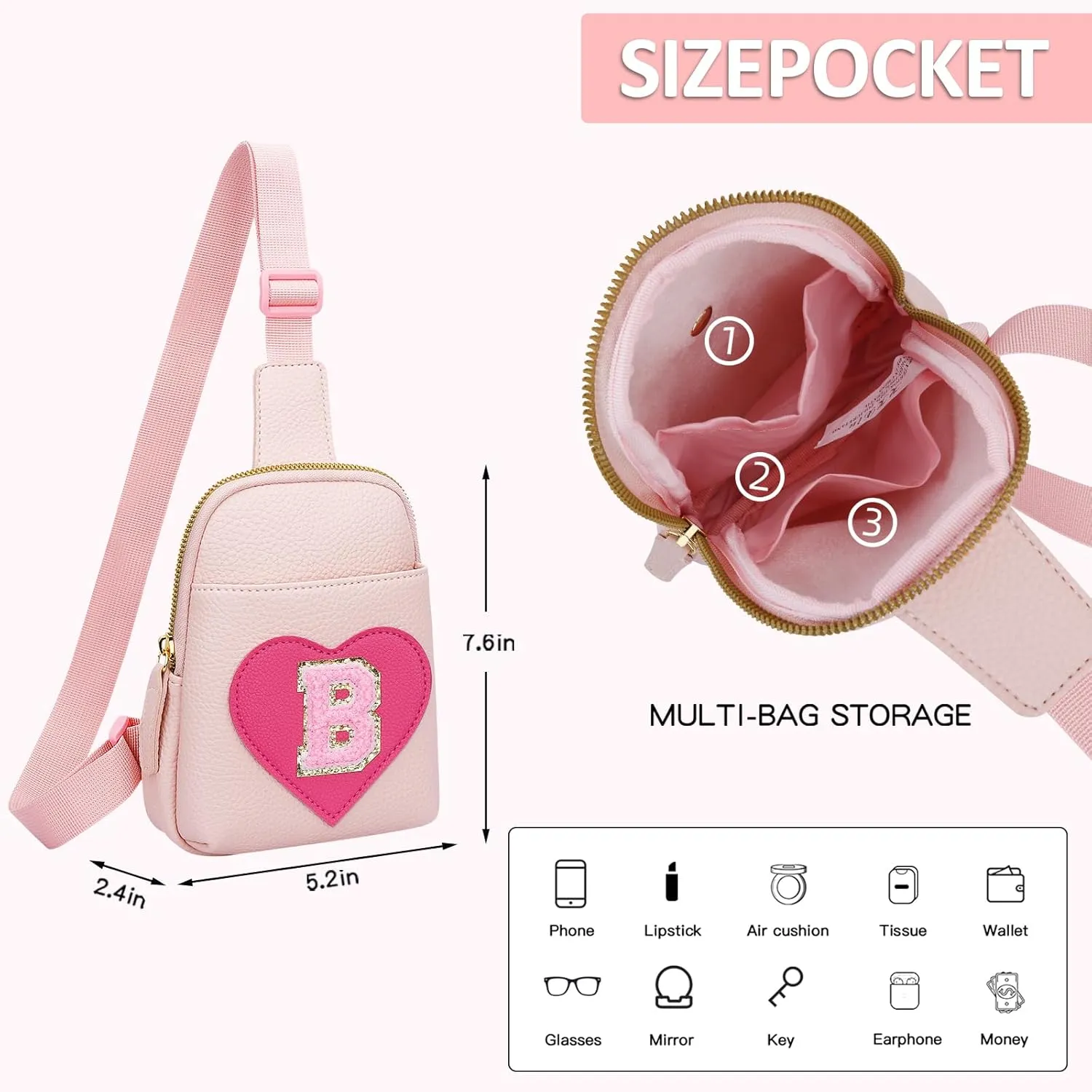 KKXIU Girls Sling Crossbody Bag Heart Initial Chest Bag Pink Mini Fanny Pack Personalized Gift for Kids Children