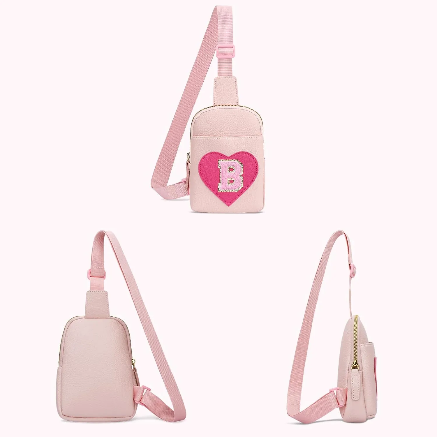 KKXIU Girls Sling Crossbody Bag Heart Initial Chest Bag Pink Mini Fanny Pack Personalized Gift for Kids Children