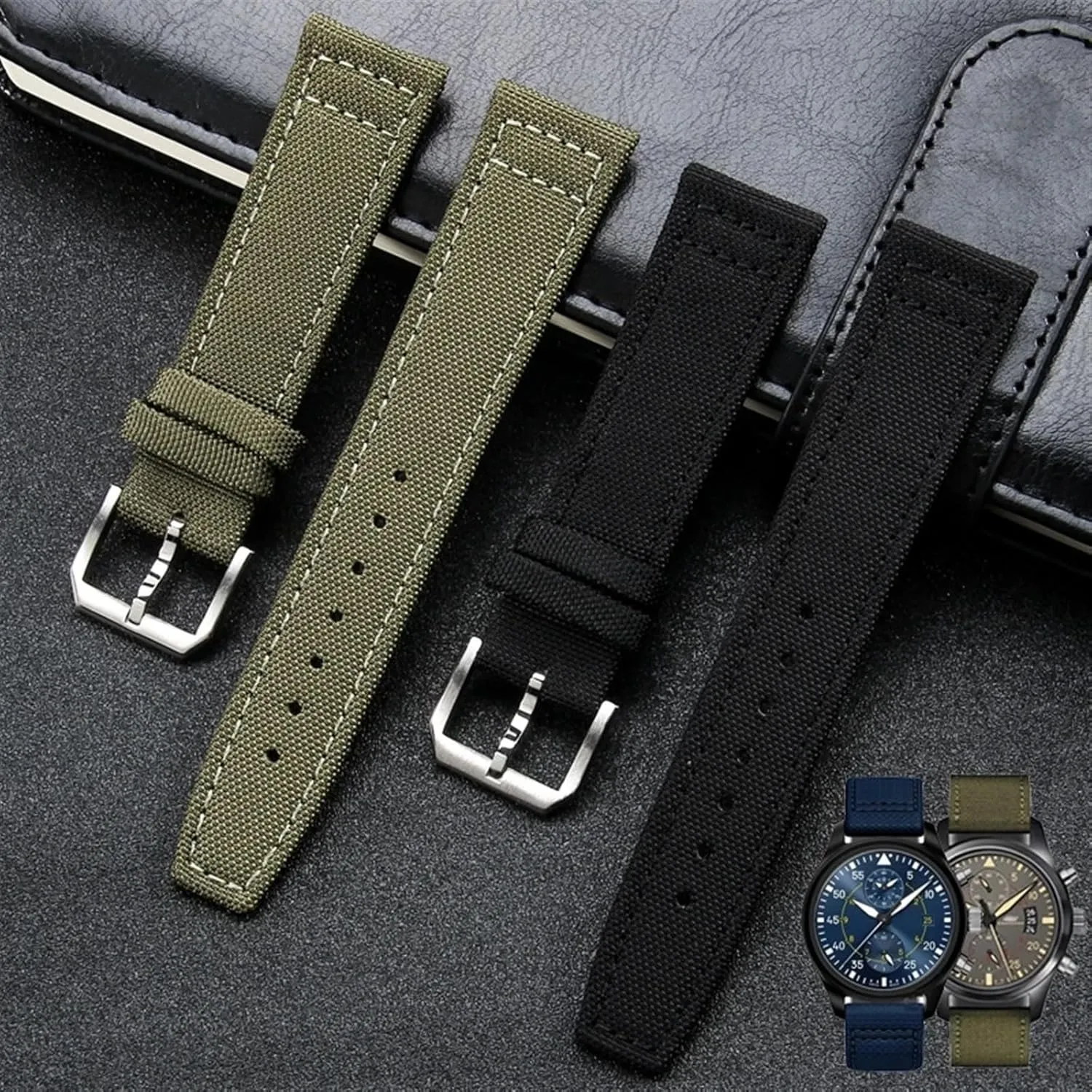 KLVN 20mm 21mm 22mm Nylon Canvas Watchband for IWC PILOT Portugal PORTOFINO Fabric Watch Strap Folding Buckle Cowhide Leather Belt
