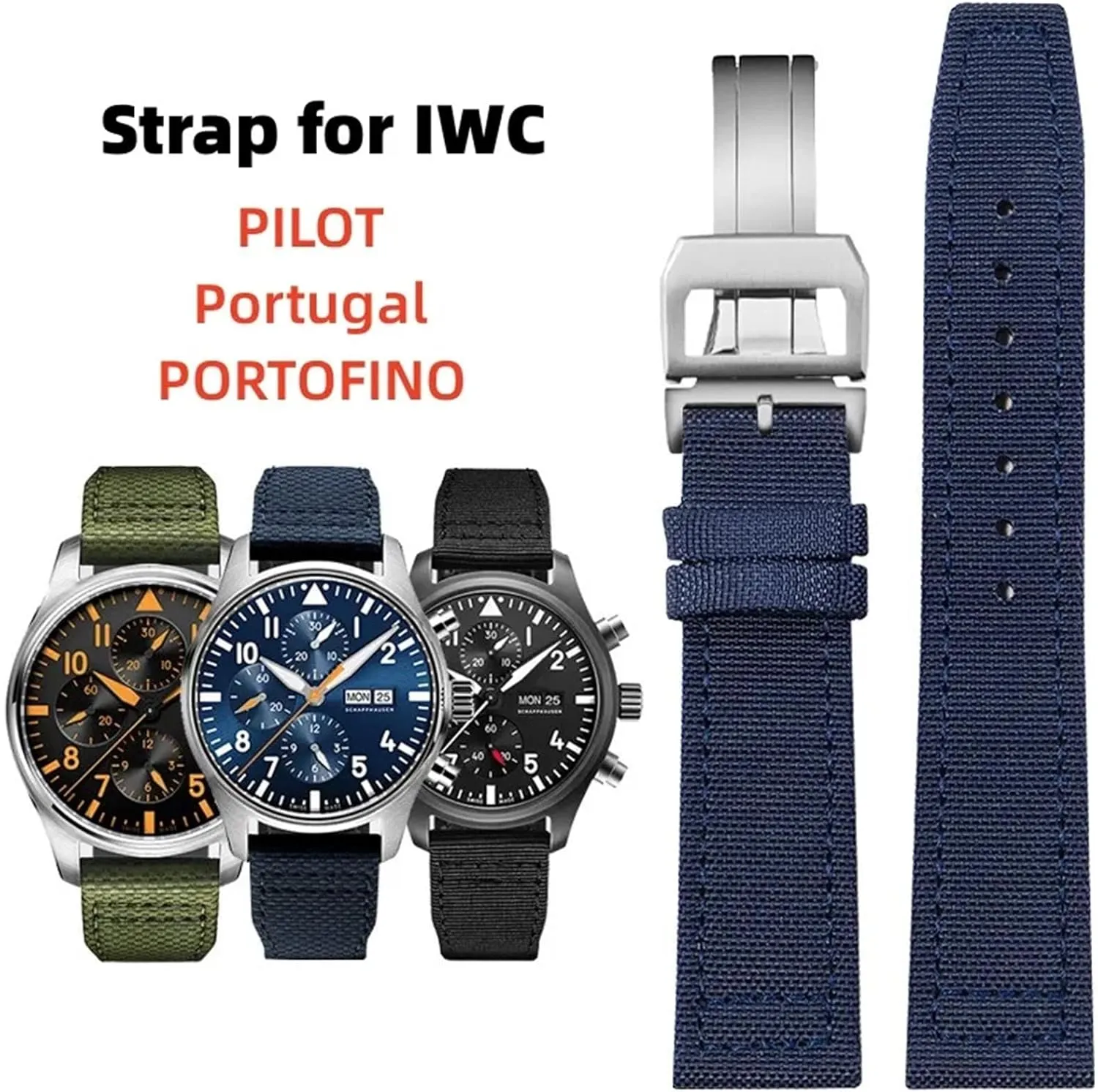 KLVN 20mm 21mm 22mm Nylon Canvas Watchband for IWC PILOT Portugal PORTOFINO Fabric Watch Strap Folding Buckle Cowhide Leather Belt