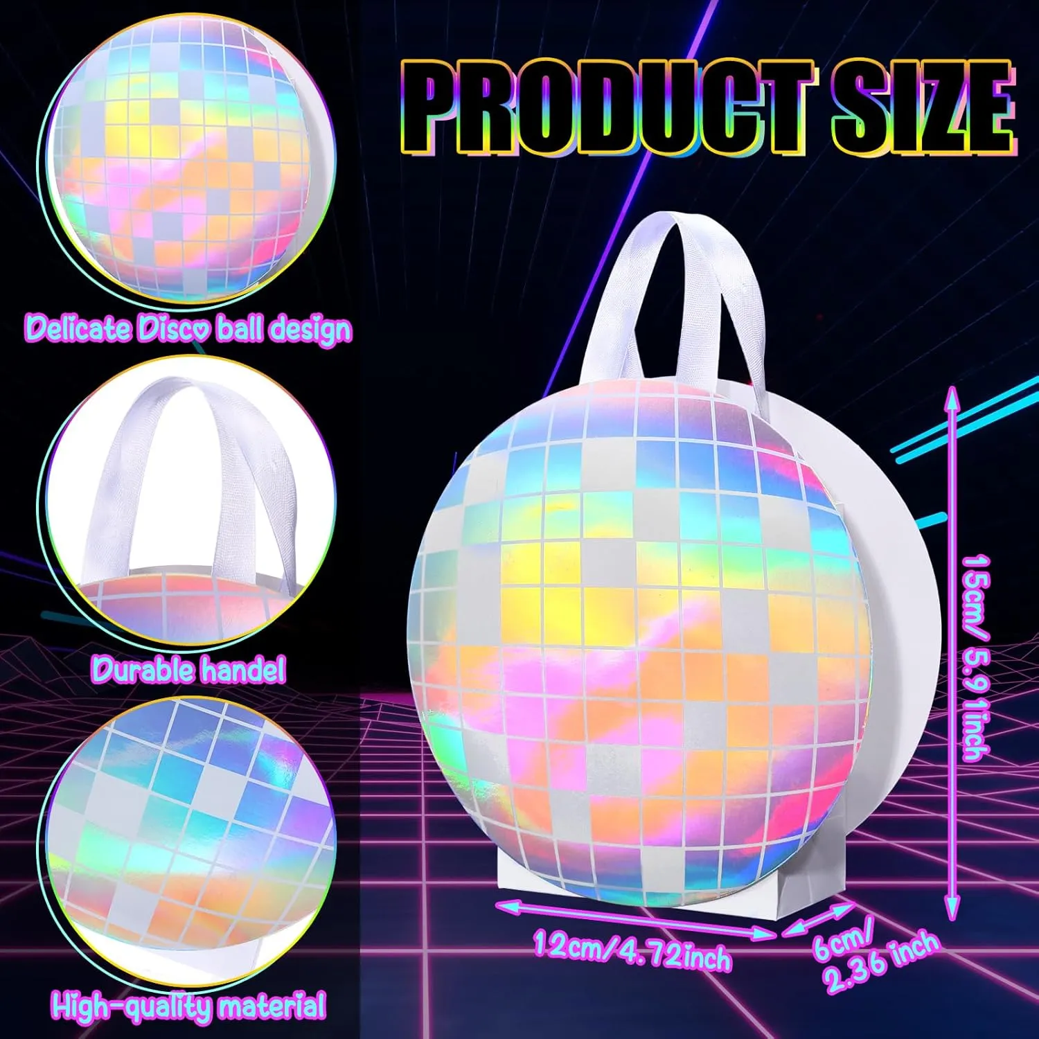 Kolldenn 12 Pcs Disco Ball Holographic Gift Bags Disco Party Favor Iridescent Paper Treat Bags 70s 80s 90s Birthday Party Supplies with Handles for Candy Goodies Wedding Bachelorette Decorations