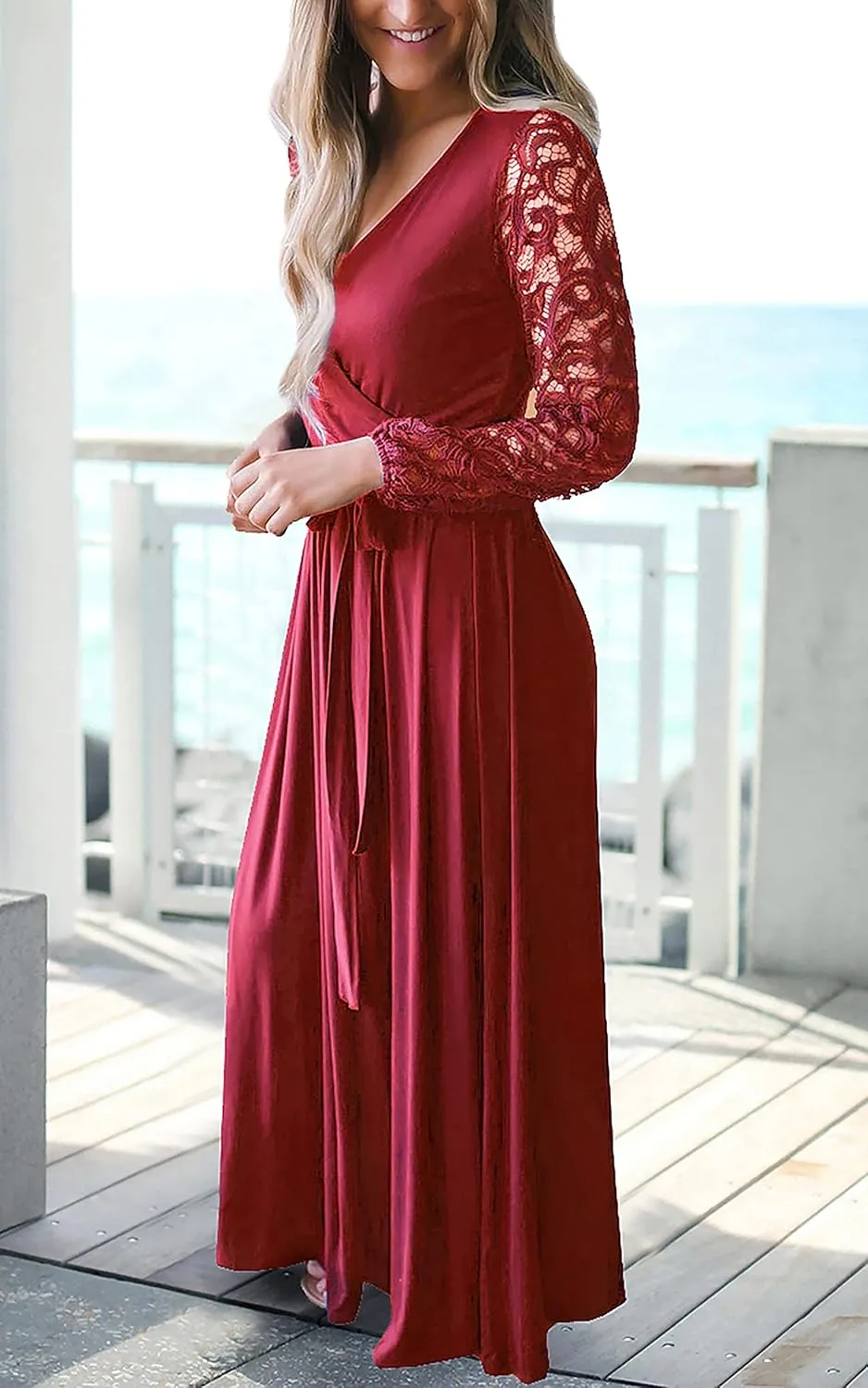 Kranda Womens Vintage Floral Lace Long Sleeve Faux Wrap V Neck Party Long Maxi Dress