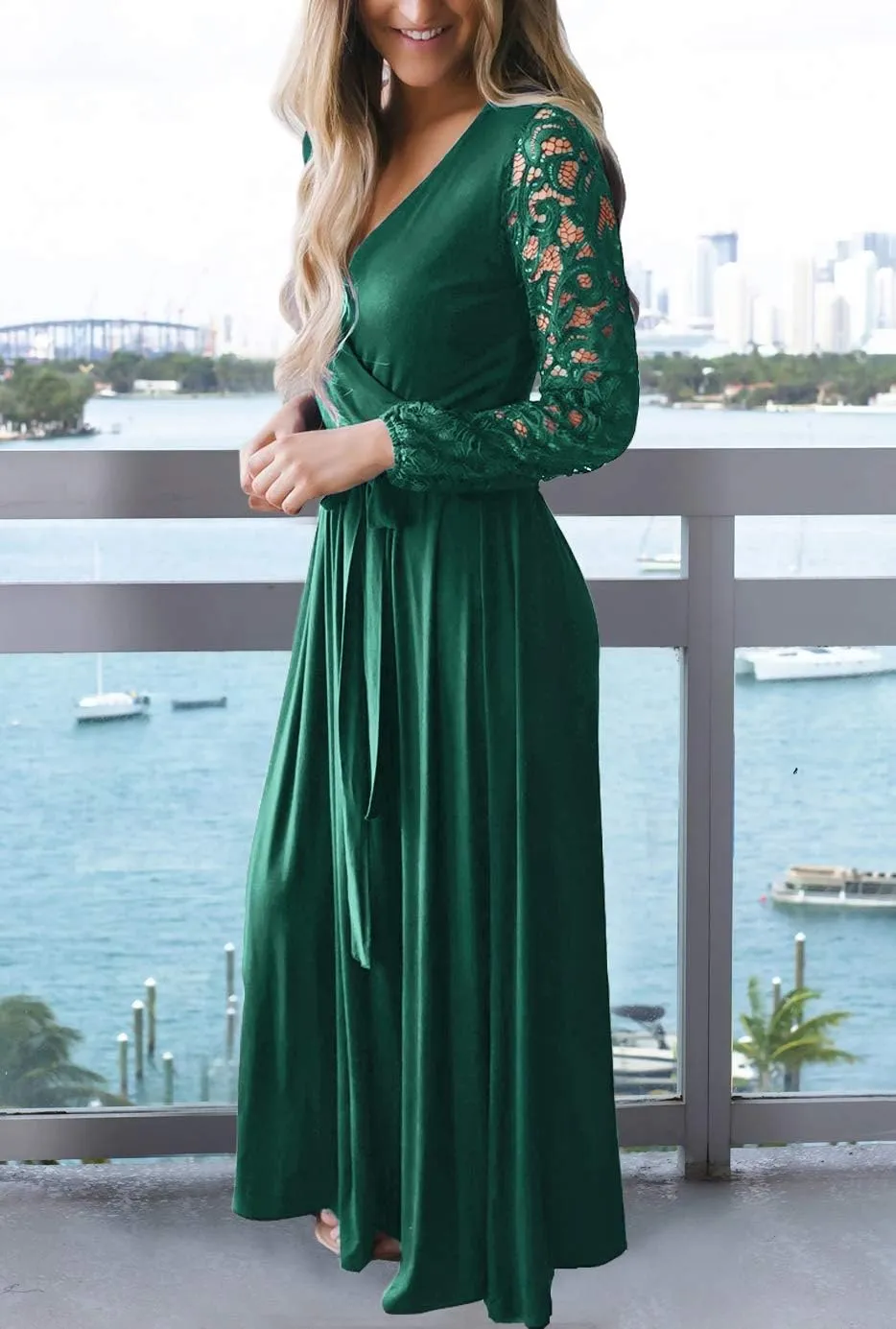Kranda Womens Vintage Floral Lace Long Sleeve Faux Wrap V Neck Party Long Maxi Dress