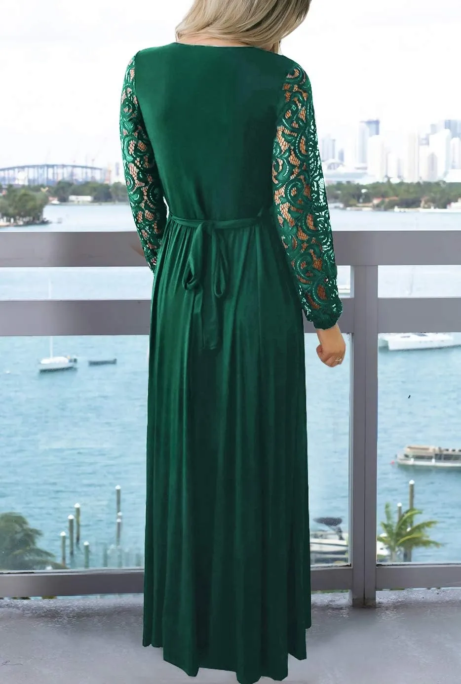 Kranda Womens Vintage Floral Lace Long Sleeve Faux Wrap V Neck Party Long Maxi Dress
