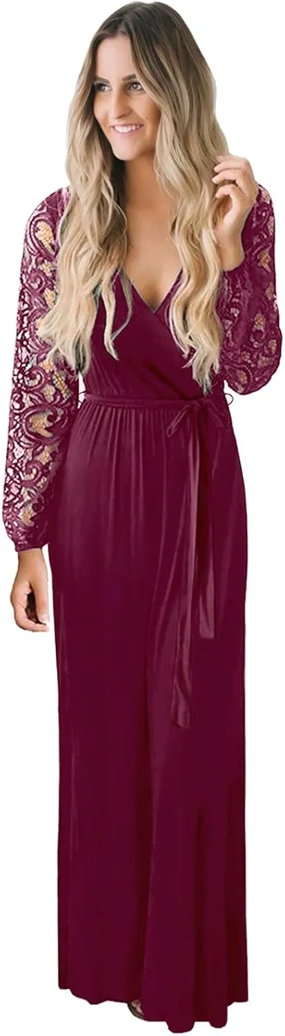 Kranda Womens Vintage Floral Lace Long Sleeve Faux Wrap V Neck Party Long Maxi Dress