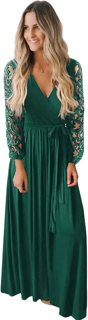 Kranda Womens Vintage Floral Lace Long Sleeve Faux Wrap V Neck Party Long Maxi Dress