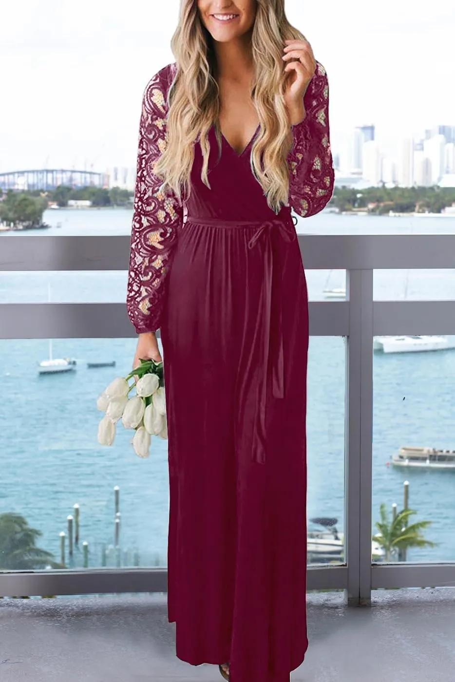 Kranda Womens Vintage Floral Lace Long Sleeve Faux Wrap V Neck Party Long Maxi Dress