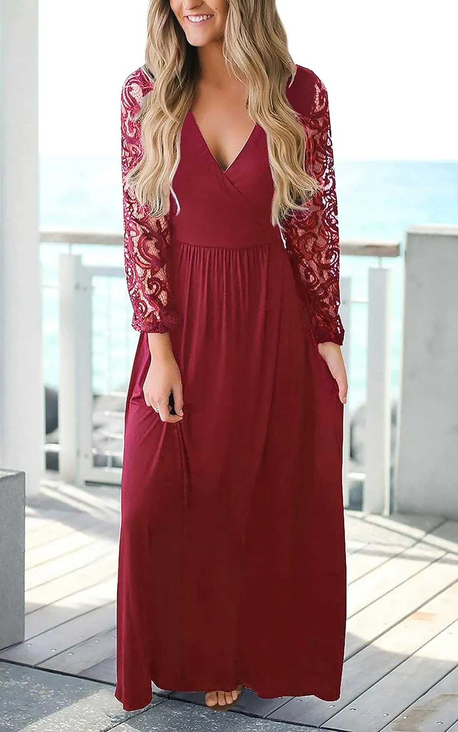 Kranda Womens Vintage Floral Lace Long Sleeve Faux Wrap V Neck Party Long Maxi Dress