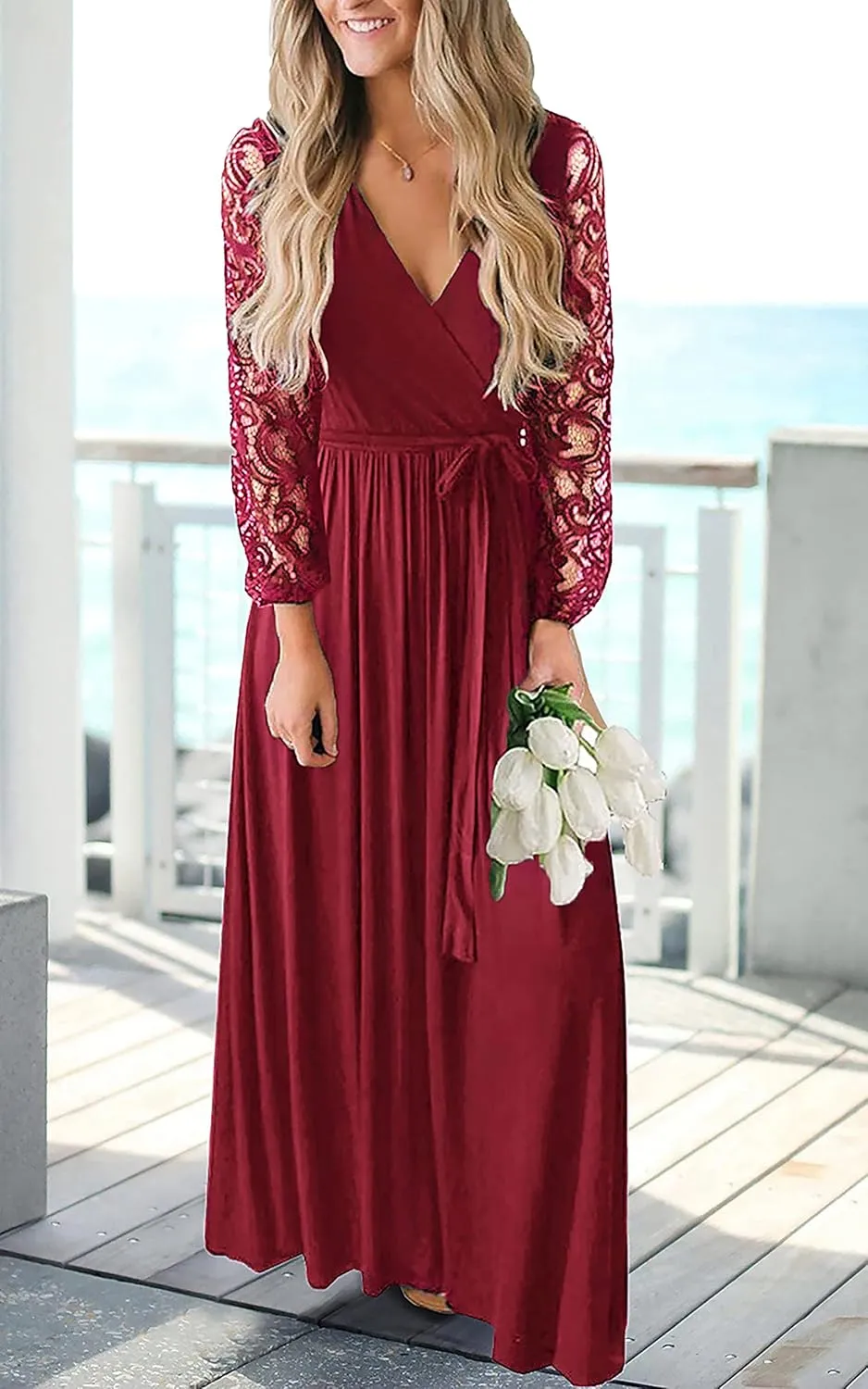 Kranda Womens Vintage Floral Lace Long Sleeve Faux Wrap V Neck Party Long Maxi Dress