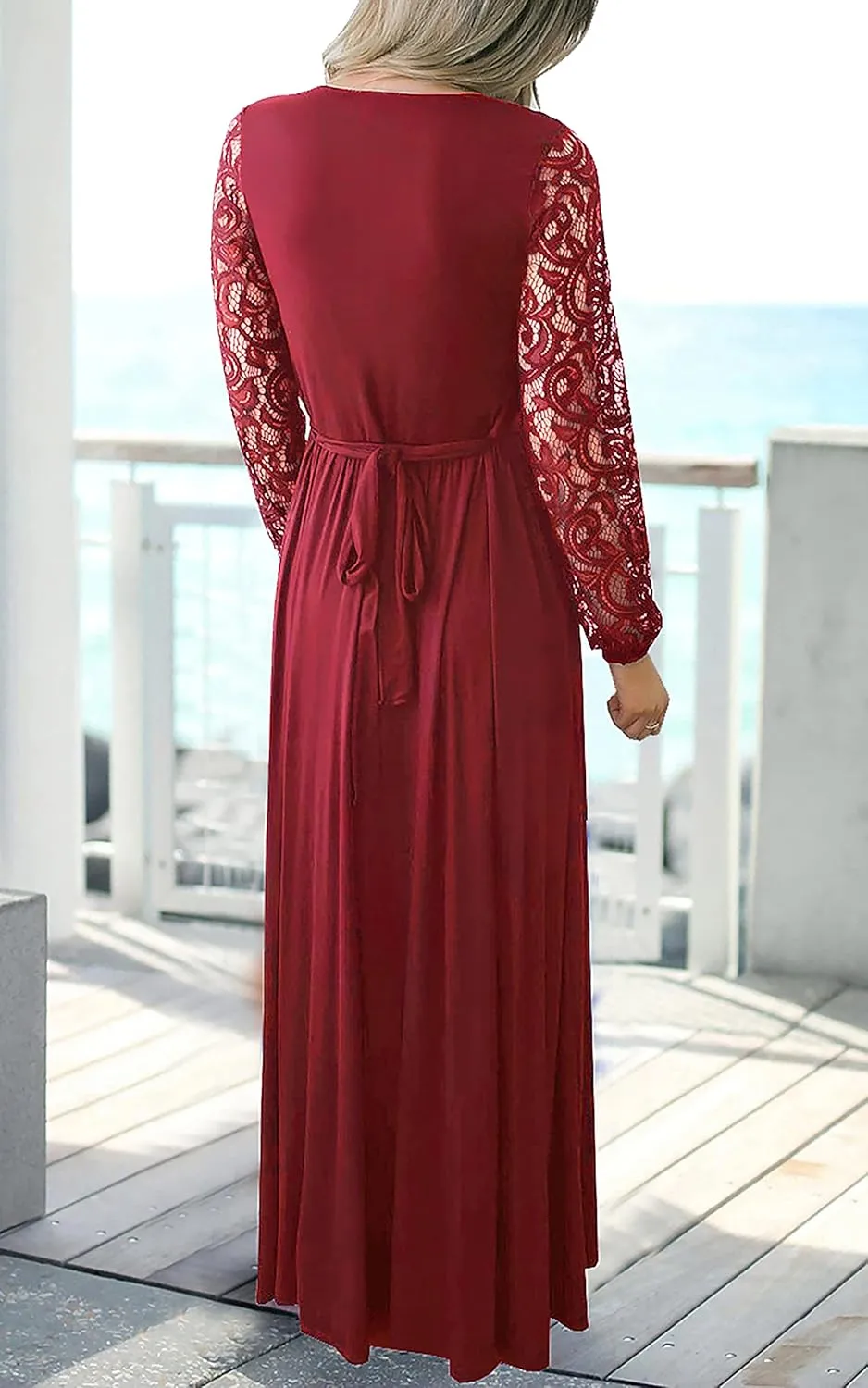 Kranda Womens Vintage Floral Lace Long Sleeve Faux Wrap V Neck Party Long Maxi Dress