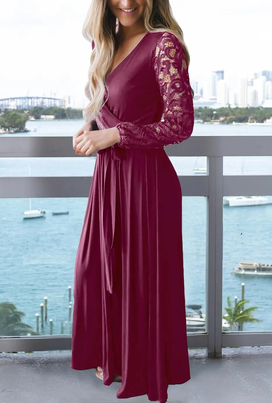 Kranda Womens Vintage Floral Lace Long Sleeve Faux Wrap V Neck Party Long Maxi Dress