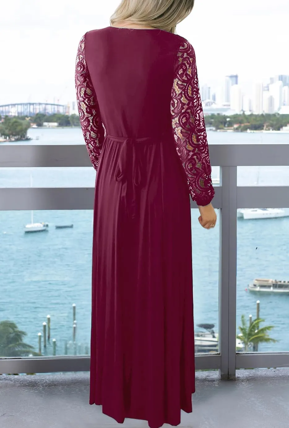 Kranda Womens Vintage Floral Lace Long Sleeve Faux Wrap V Neck Party Long Maxi Dress