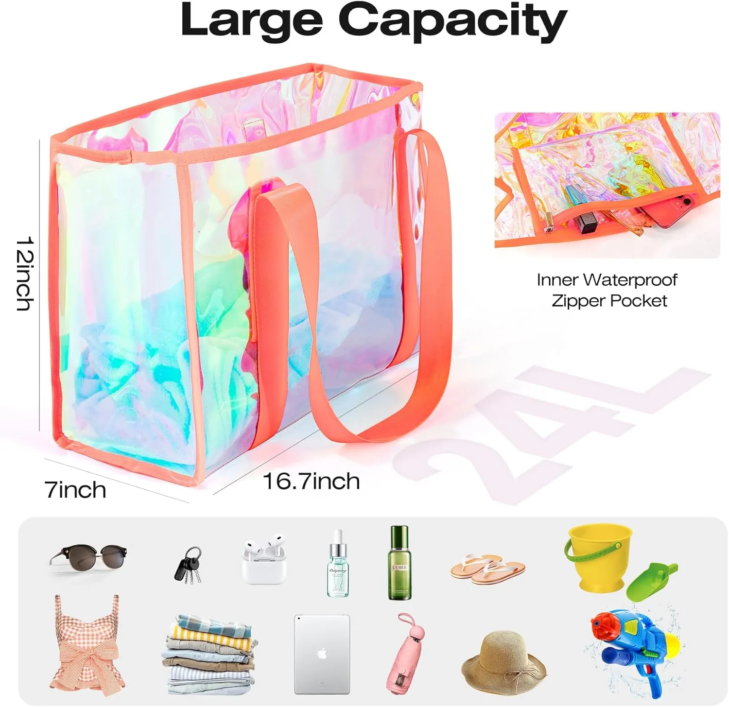 KUAK Large Beach Bag for Women Waterproof Sandproof Tip-Proof Beach Tote Iridescent Bag with Waterproof Pocket for Pool