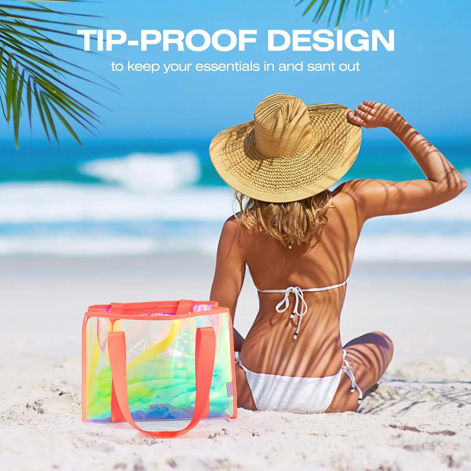 KUAK Large Beach Bag for Women Waterproof Sandproof Tip-Proof Beach Tote Iridescent Bag with Waterproof Pocket for Pool