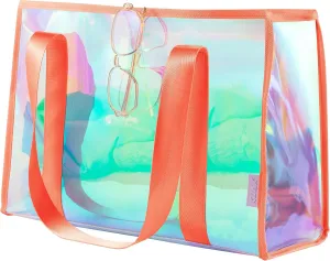 KUAK Large Beach Bag for Women Waterproof Sandproof Tip-Proof Beach Tote Iridescent Bag with Waterproof Pocket for Pool