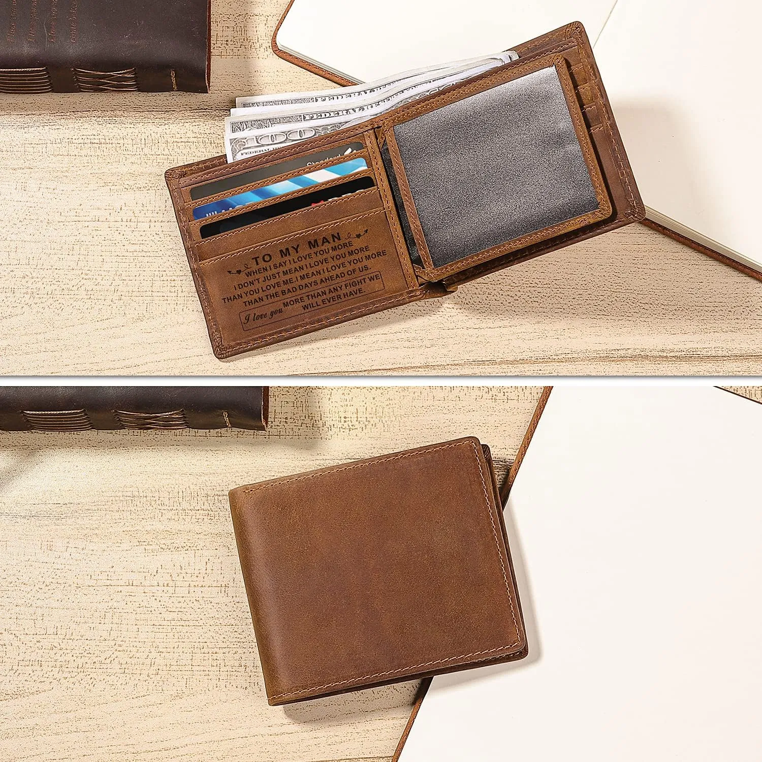 kullder Mens Wallet Engraved Leather Wallets Personalized Mens Gifts for Husband from Wife Custom Wallet for Man Boyfriend Fiance Anniversary Christmas gift for Him