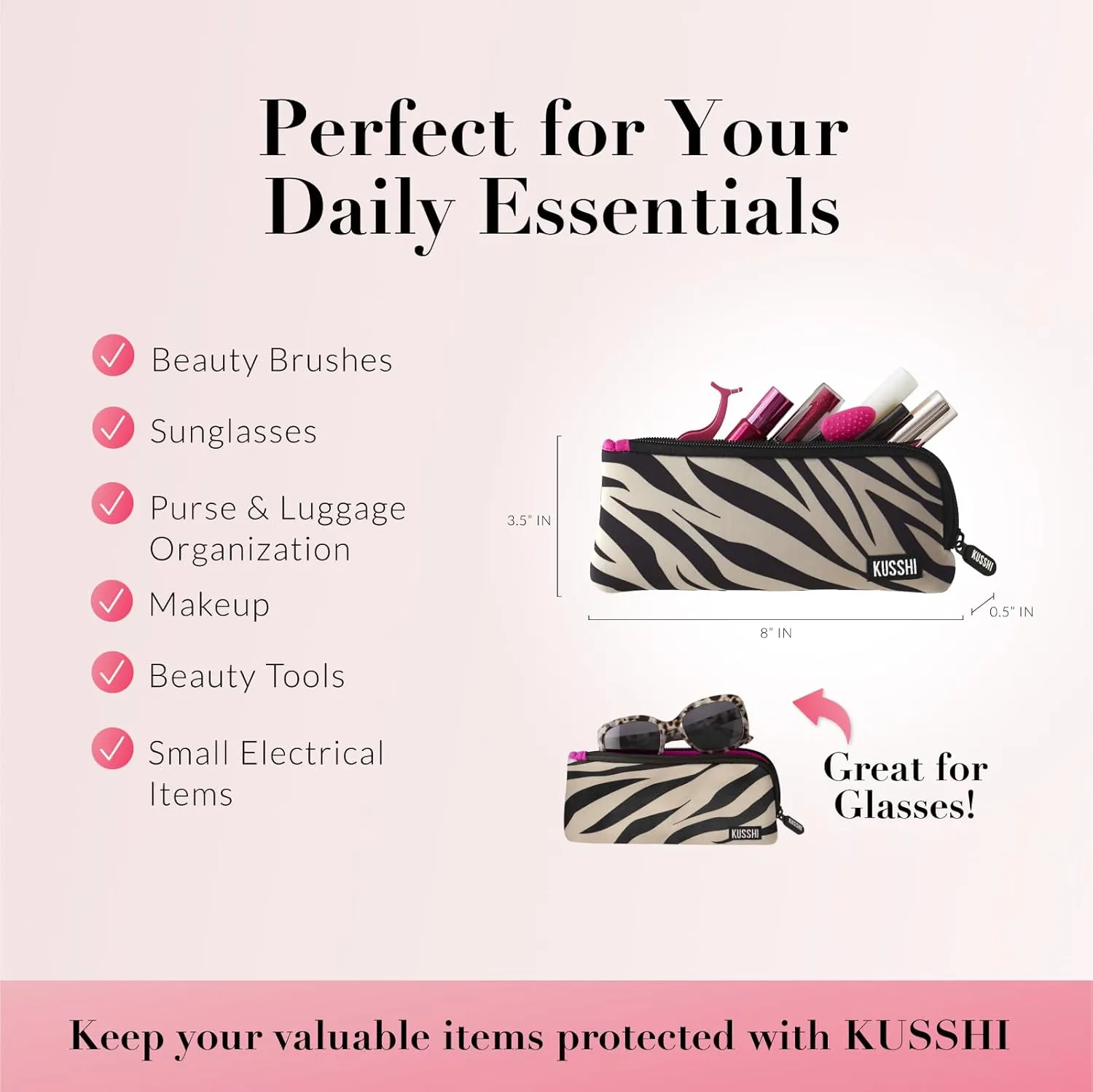 KUSSHI Neoprene Zipper Makeup Brush Pouch and Travel Pencil Case for Beauty Tools, Pencils, Brushes & Small Accessories - Makeup Brush Bag Pouch for Organization and Travel Items (Zebra/Fuchsia)