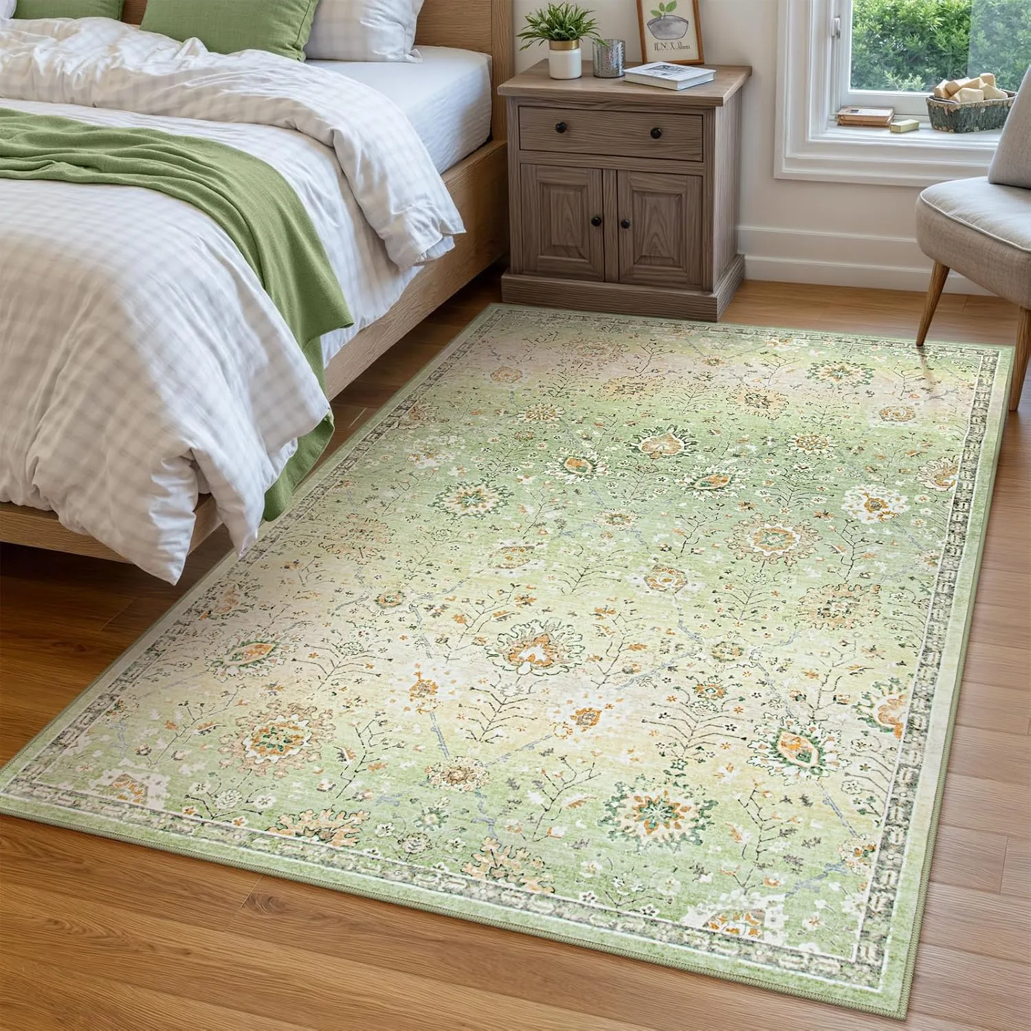 Lahome 5x7 Sage Green Rugs for Bedroom, Soft Boho Rug for Living Room, Machine Washable Floral Carpet Non Slip for Nursery Playroom Indoor