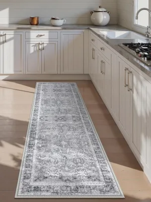 Lahome Vintage 2'6''x8' Kitchen Runner Rug Non Slip Washable, Grey Floral Rug Runners for Hallways with Rubber Backing, Ultra-Thin Distressed Carpet Runner for Entryway Hallway Bedroom