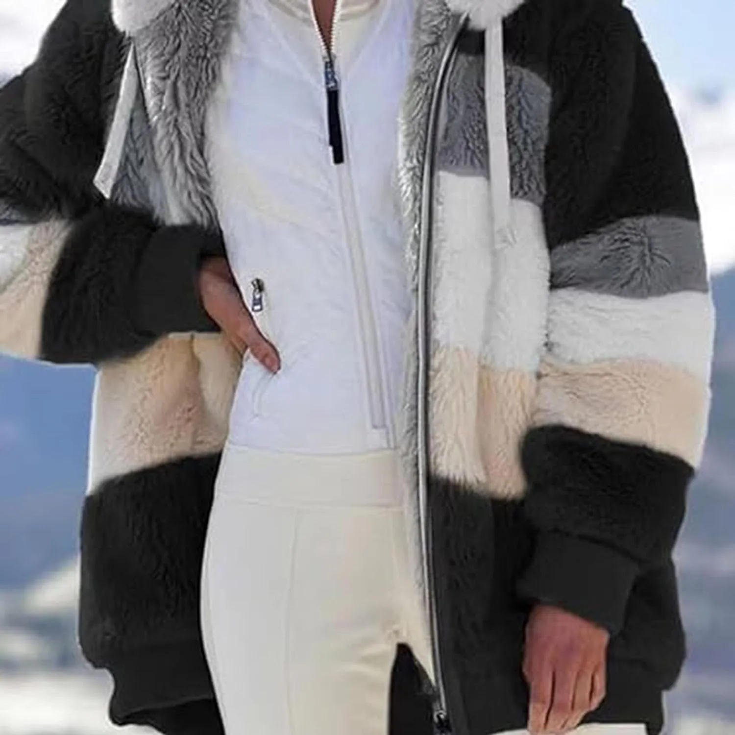 Lamb Wool Padded Coat, 2024 New Contrasting Lamb Wool Padded Coat, Fuzzy Winter Jacket With Pockets