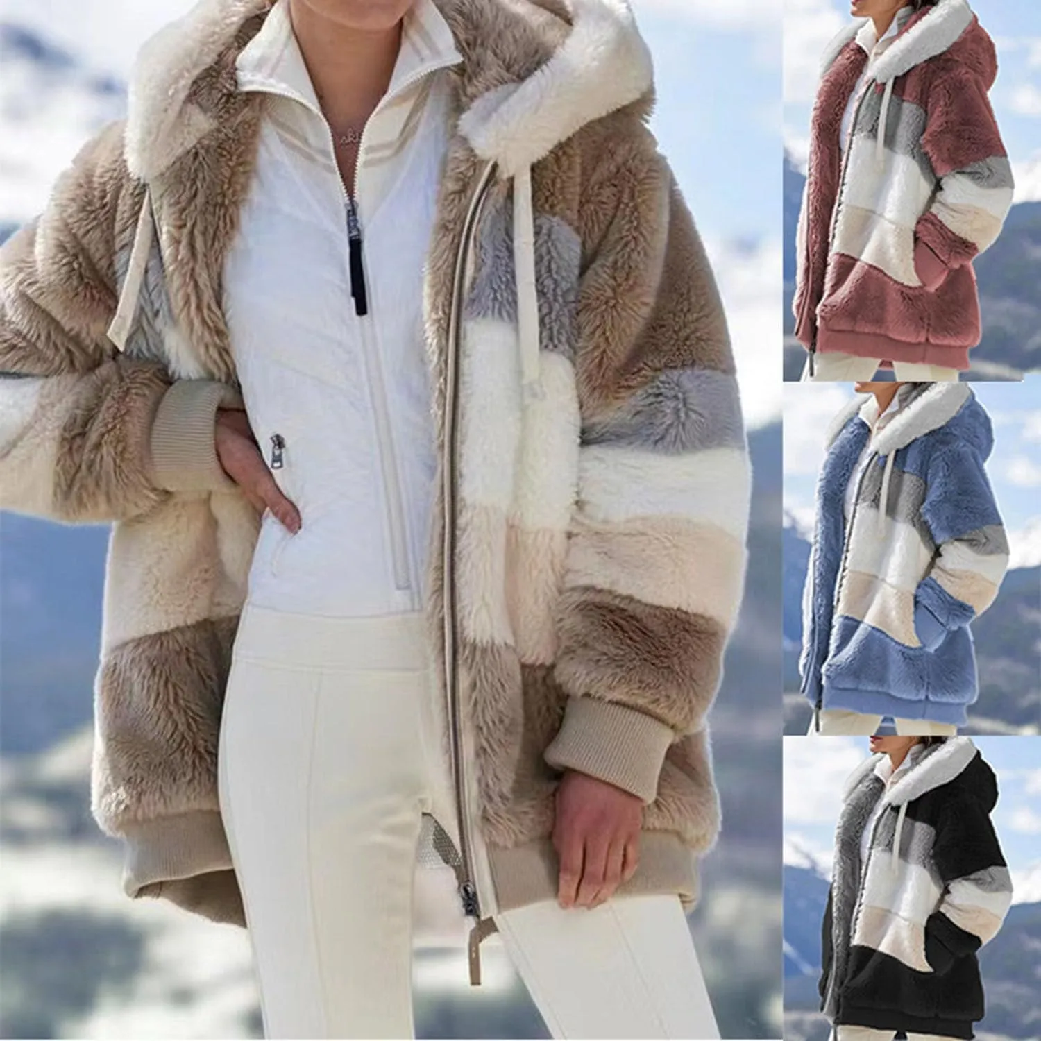 Lamb Wool Padded Coat, 2024 New Contrasting Lamb Wool Padded Coat, Fuzzy Winter Jacket With Pockets