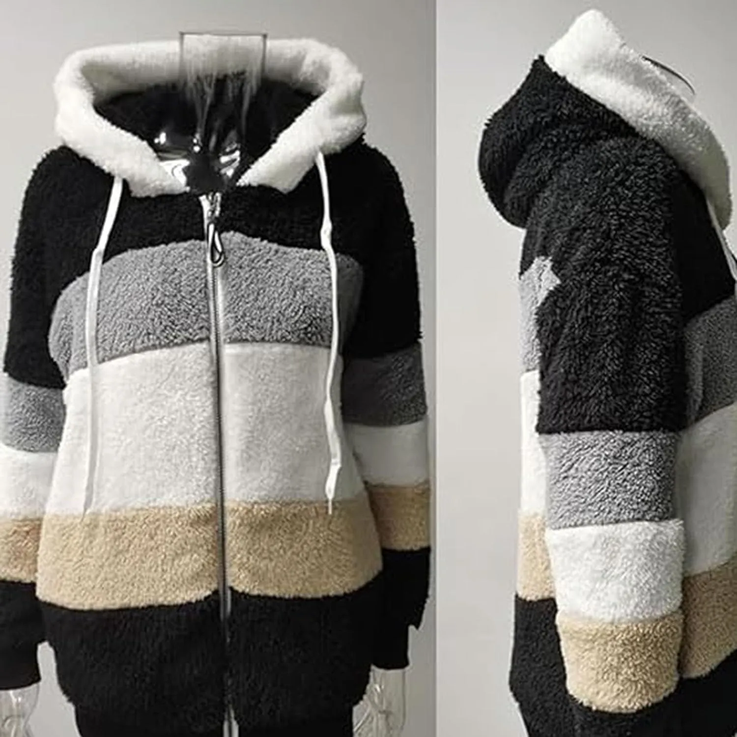 Lamb Wool Padded Coat, 2024 New Contrasting Lamb Wool Padded Coat, Fuzzy Winter Jacket With Pockets