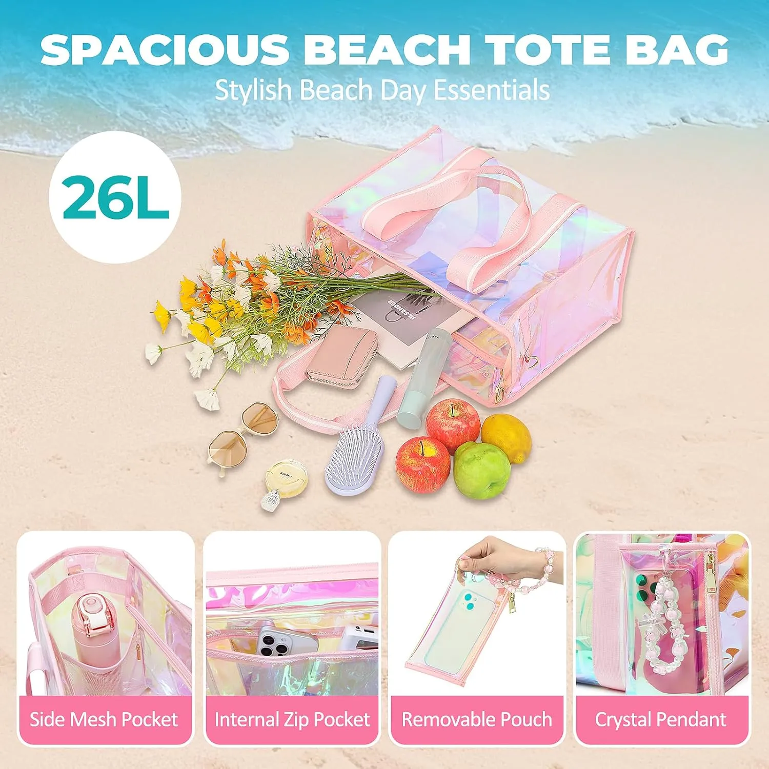 Large Beach Tote Bags for Women, 26L Iridescent Clear Tote Bag, Waterproof Tip-Proof Tote Bag for Beach, Gym