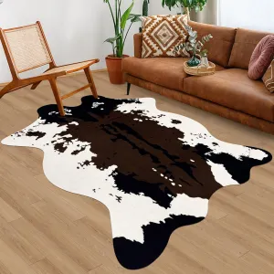 Large Faux Cowhide Rug 4.6x5.2 Feet Cow Print Area Rug Cow Hide Rugs for Bedroom Living Kids Room Nursery Office Western Home Decor Carpet, Brown White