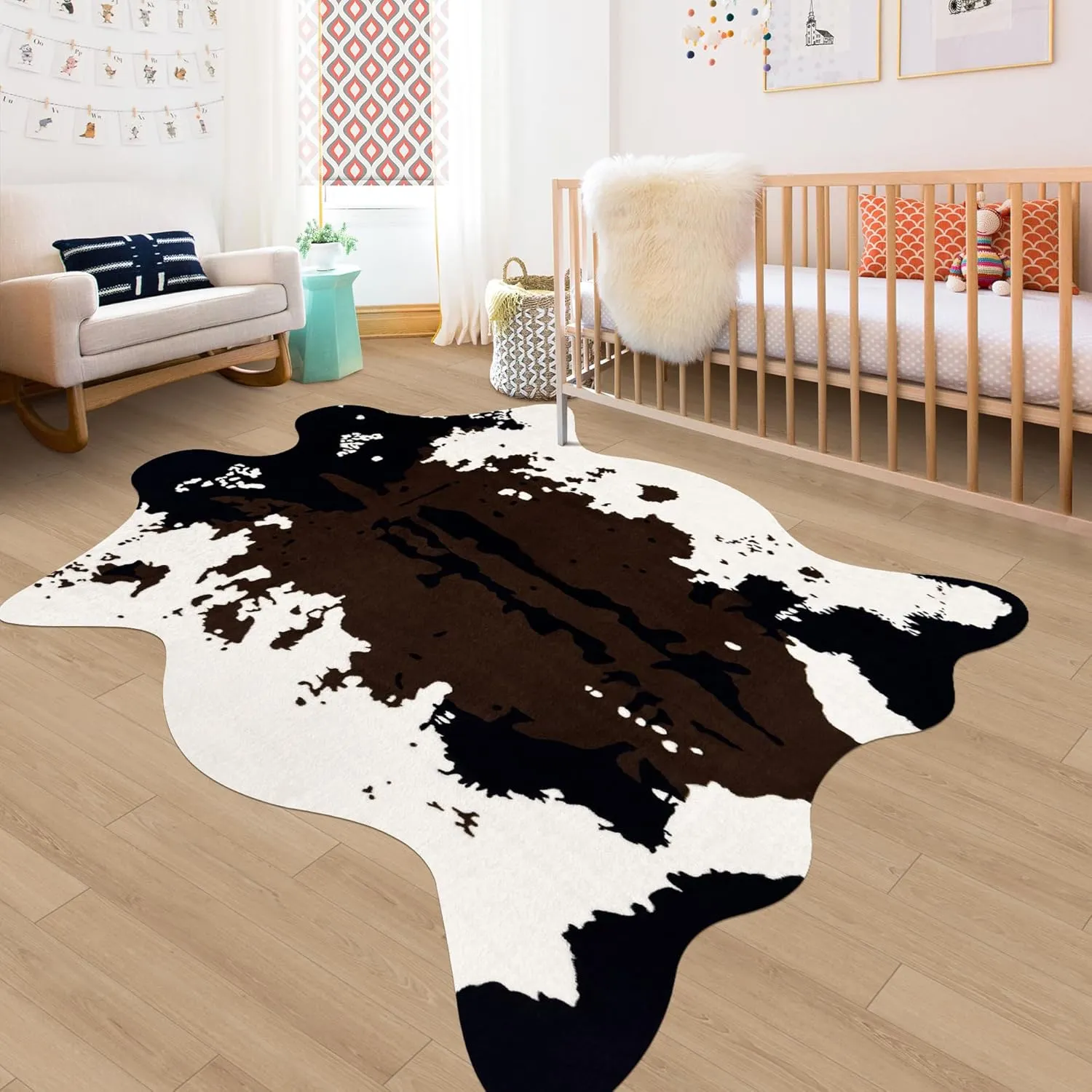Large Faux Cowhide Rug 4.6x5.2 Feet Cow Print Area Rug Cow Hide Rugs for Bedroom Living Kids Room Nursery Office Western Home Decor Carpet, Brown White