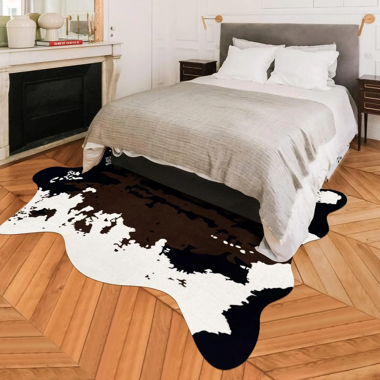 Large Faux Cowhide Rug 4.6x5.2 Feet Cow Print Area Rug Cow Hide Rugs for Bedroom Living Kids Room Nursery Office Western Home Decor Carpet, Brown White
