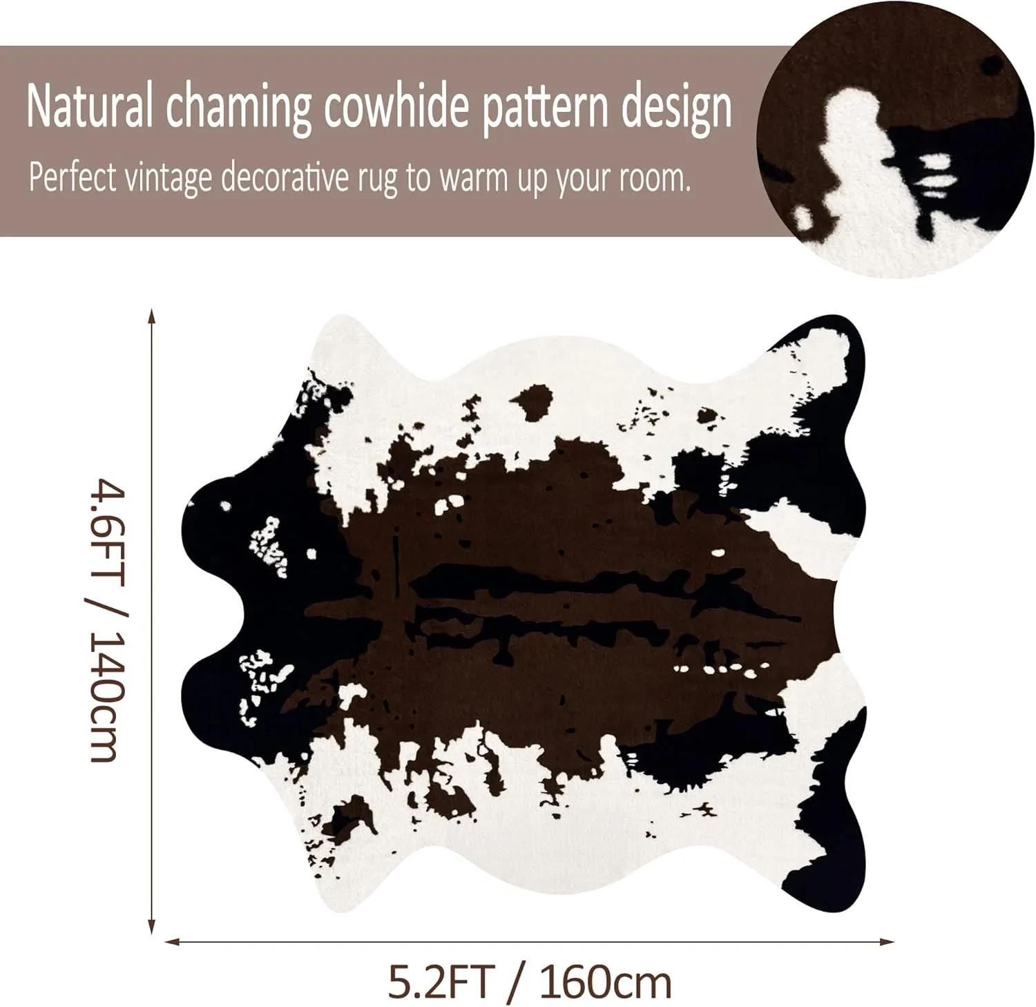 Large Faux Cowhide Rug 4.6x5.2 Feet Cow Print Area Rug Cow Hide Rugs for Bedroom Living Kids Room Nursery Office Western Home Decor Carpet, Brown White