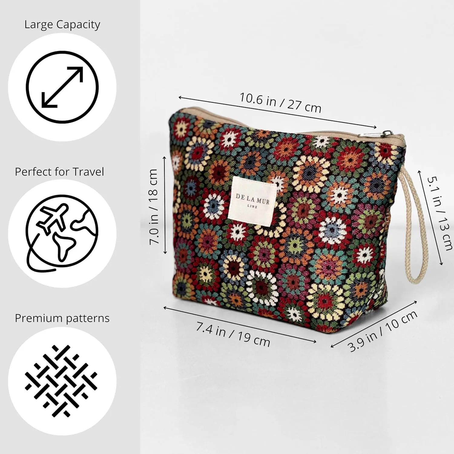 Large Floral Travel Makeup Bag for Women – Spacious Cosmetic & Toiletry Organizer – Durable Travel Size Skincare Pouch – Travel Essentials for Women – Made in Barcelona, Spain