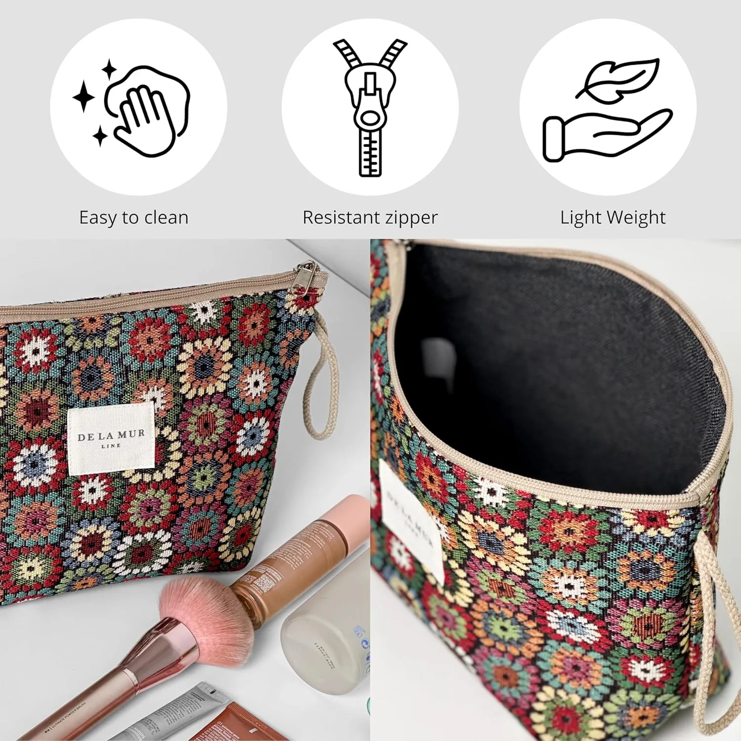 Large Floral Travel Makeup Bag for Women – Spacious Cosmetic & Toiletry Organizer – Durable Travel Size Skincare Pouch – Travel Essentials for Women – Made in Barcelona, Spain