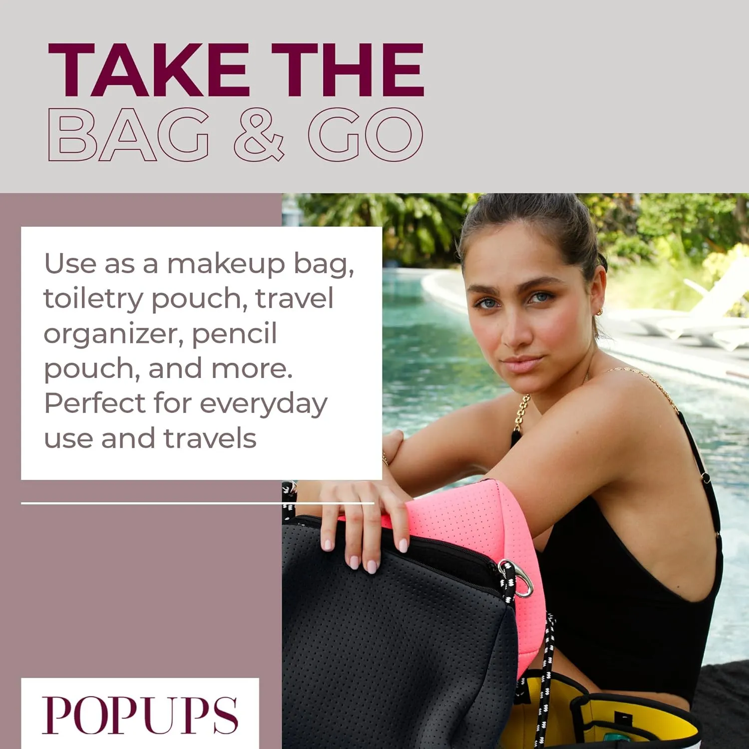 Large Makeup Bag with Zipper, Black - Waterproof Neoprene Cosmetic Bag 7.7 x 10.75 x 5 inches