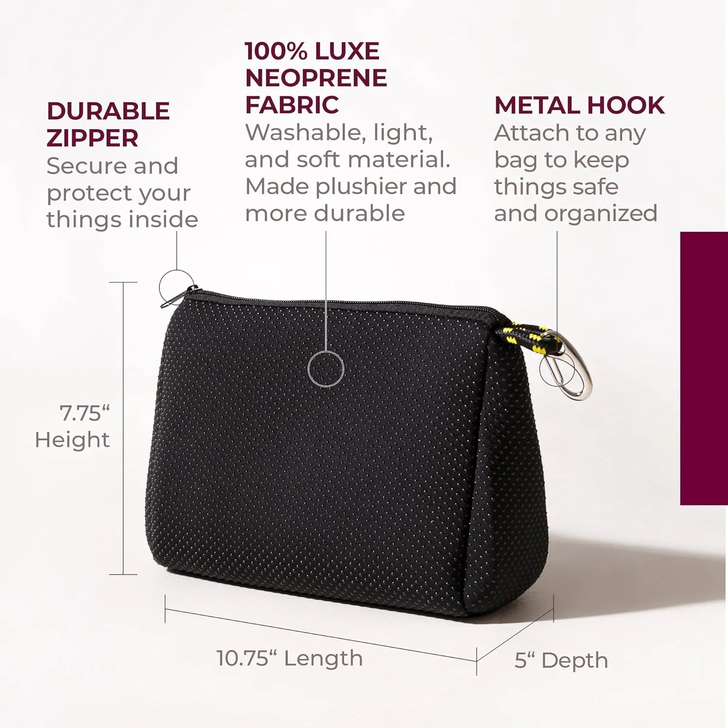 Large Makeup Bag with Zipper, Black - Waterproof Neoprene Cosmetic Bag 7.7 x 10.75 x 5 inches