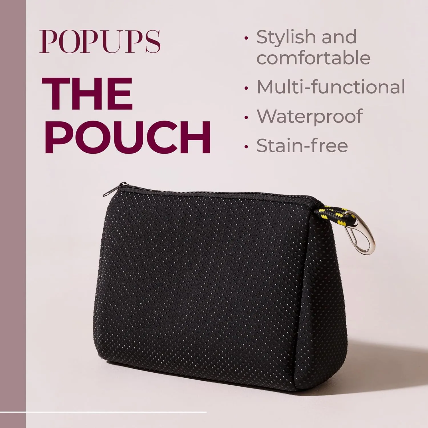 Large Makeup Bag with Zipper, Black - Waterproof Neoprene Cosmetic Bag 7.7 x 10.75 x 5 inches
