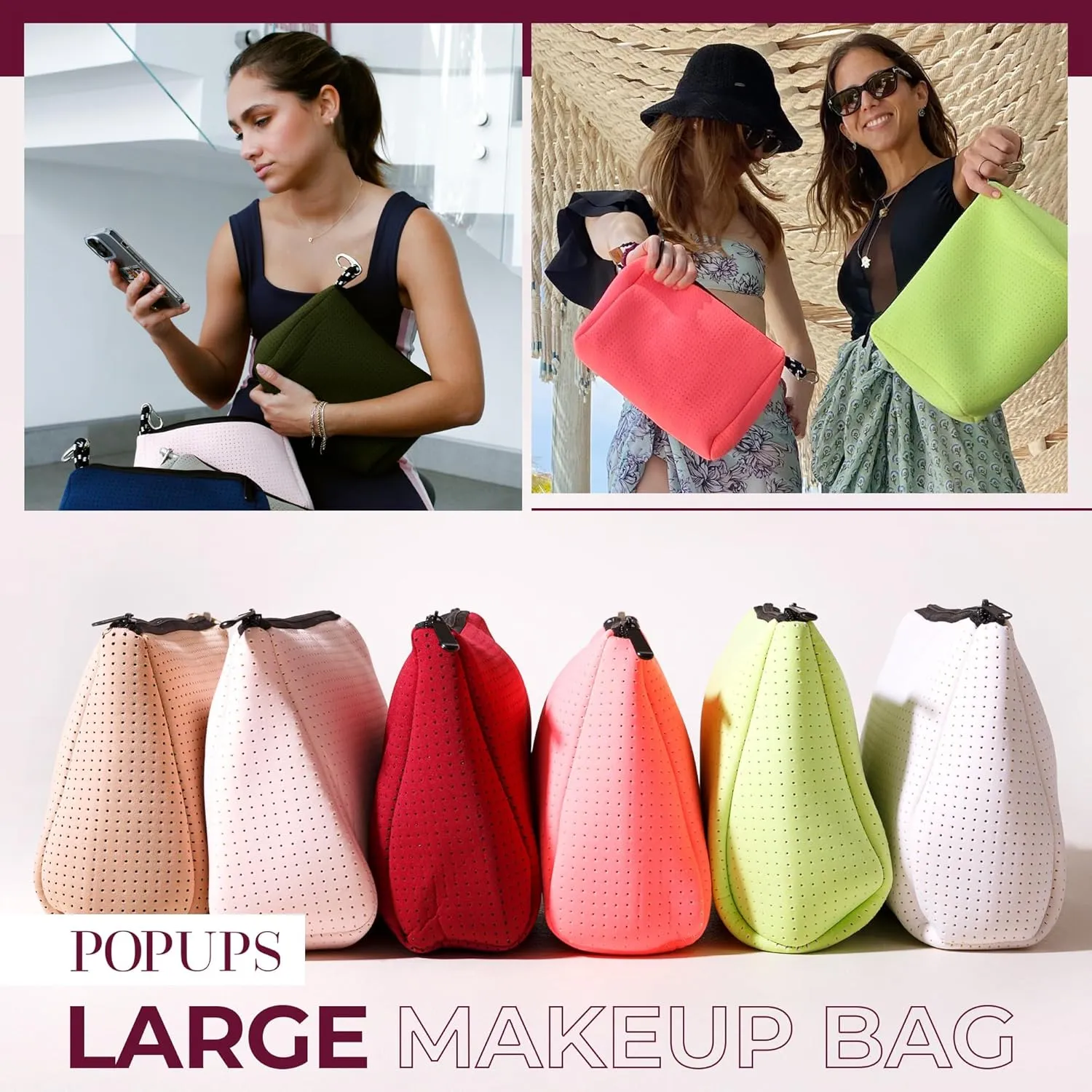 Large Makeup Bag with Zipper, Burgundy- Waterproof Neoprene Cosmetic Bag 7.7 x 10.75 x 5 inches