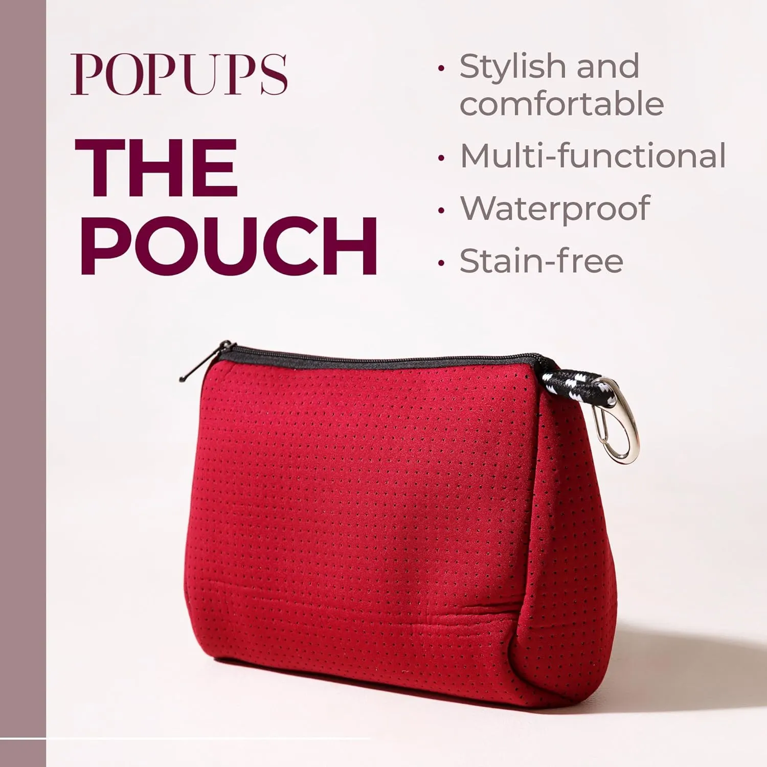 Large Makeup Bag with Zipper, Burgundy- Waterproof Neoprene Cosmetic Bag 7.7 x 10.75 x 5 inches