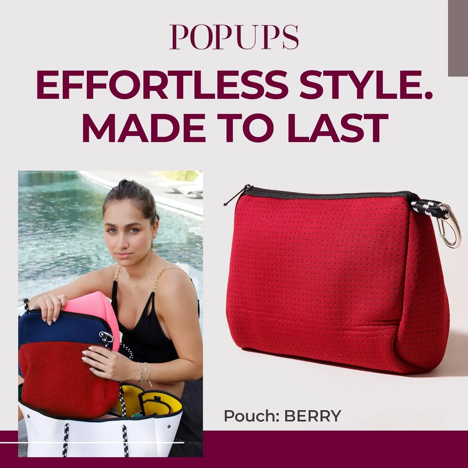 Large Makeup Bag with Zipper, Burgundy- Waterproof Neoprene Cosmetic Bag 7.7 x 10.75 x 5 inches