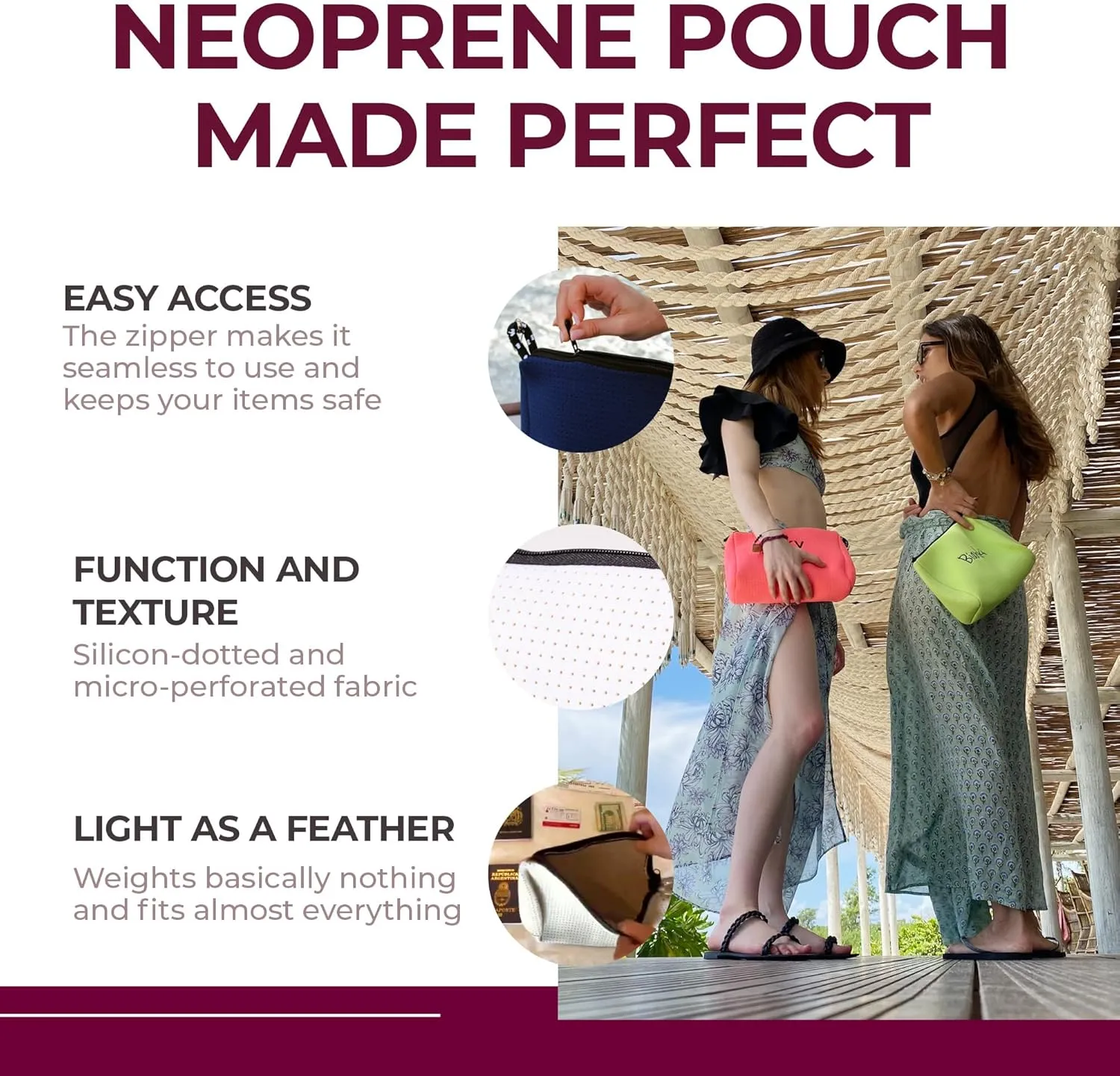 Large Makeup Bag with Zipper, Burgundy- Waterproof Neoprene Cosmetic Bag 7.7 x 10.75 x 5 inches