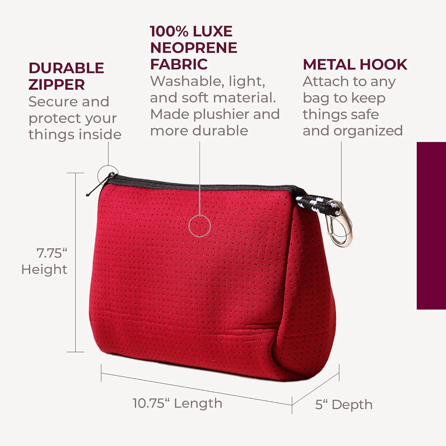 Large Makeup Bag with Zipper, Burgundy- Waterproof Neoprene Cosmetic Bag 7.7 x 10.75 x 5 inches