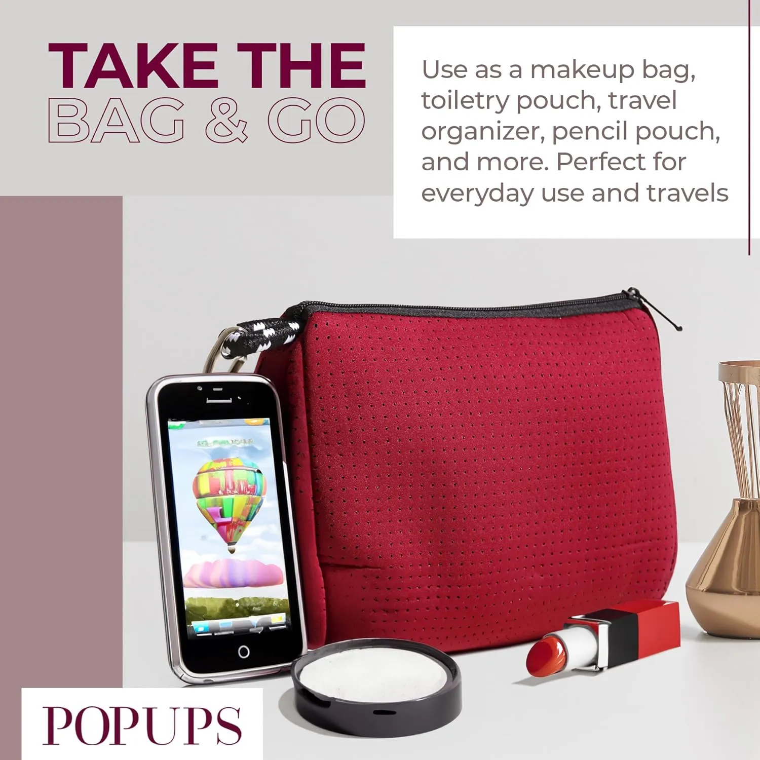 Large Makeup Bag with Zipper, Burgundy- Waterproof Neoprene Cosmetic Bag 7.7 x 10.75 x 5 inches