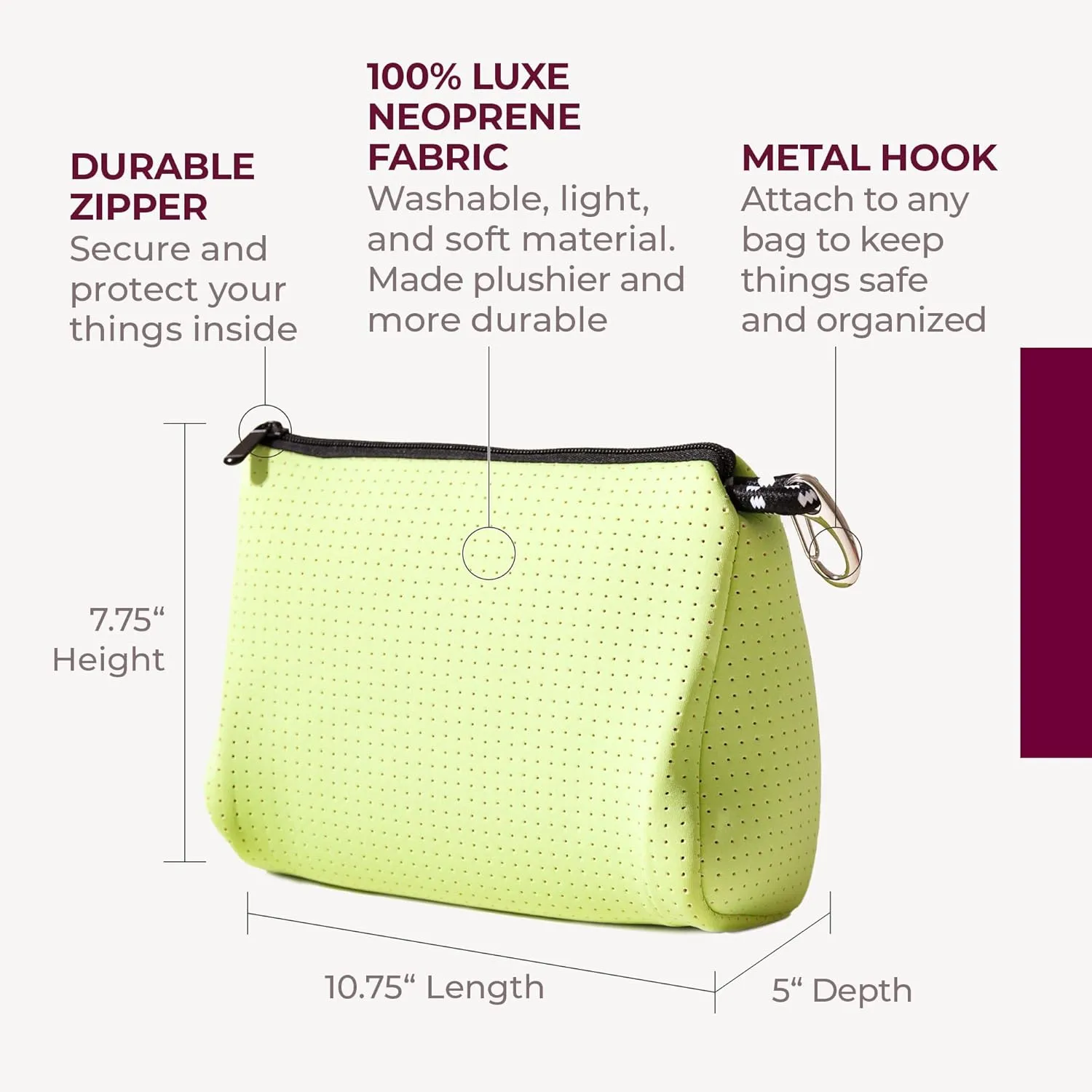 Large Makeup Bag with Zipper, Neon Green - Waterproof Neoprene Cosmetic Bag 7.7 x 10.75 x 5 inches