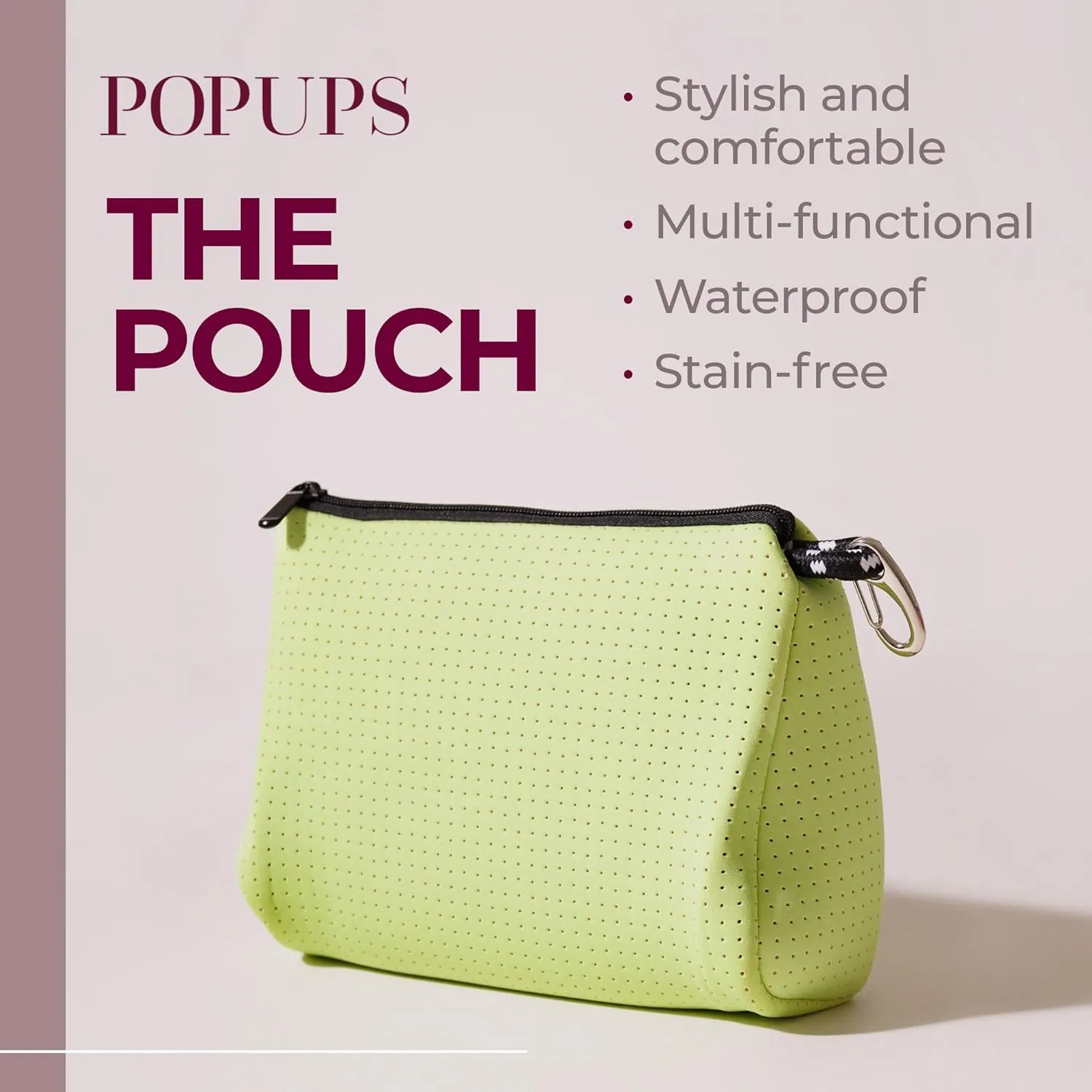Large Makeup Bag with Zipper, Neon Green - Waterproof Neoprene Cosmetic Bag 7.7 x 10.75 x 5 inches